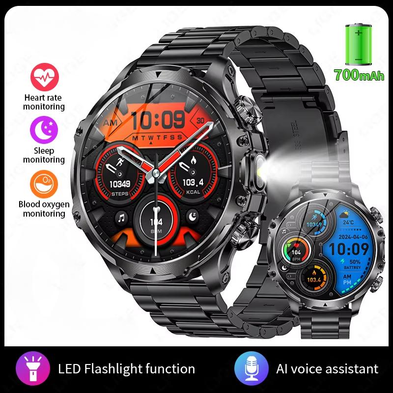 

2025 Новые Смарт-часы Фонарик 1,9 дюйма Мужские Для улицы Спорт Фитнес-трекер 700 мАч Большая батарея BT Звонки Светодиодный свет Смарт-часы Steel Belt чёрный