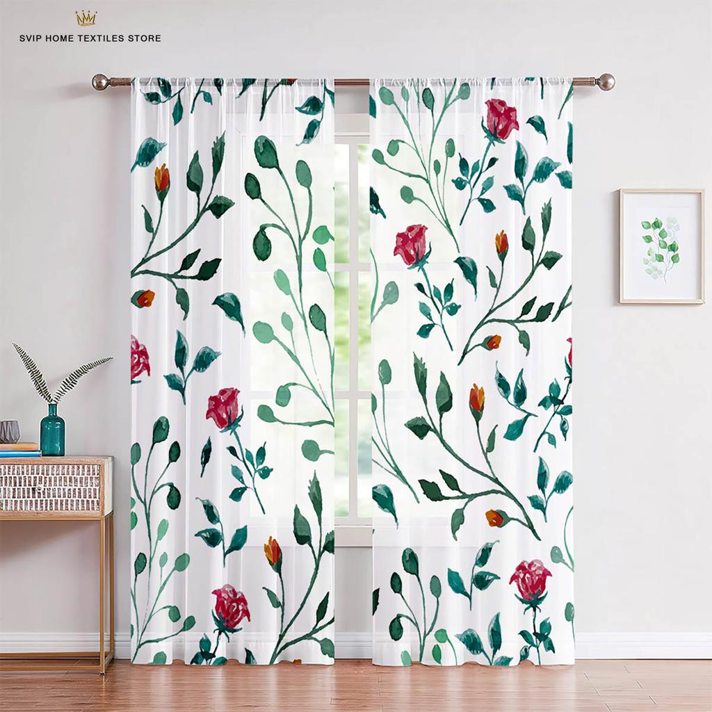Red Rose Retro Romantic Print Curtains, Living Room, Bedroom, Kitchen, Window Decoration, Home Decoration, 2 Pcs