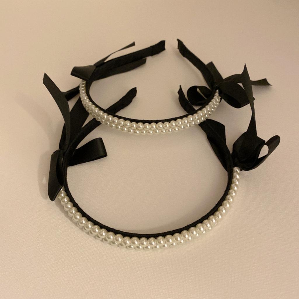 1PC Black Pearl Bow Hair Bands Women Premium Sense Vintage French Temperament Pressed Hair Headband Headdress Women