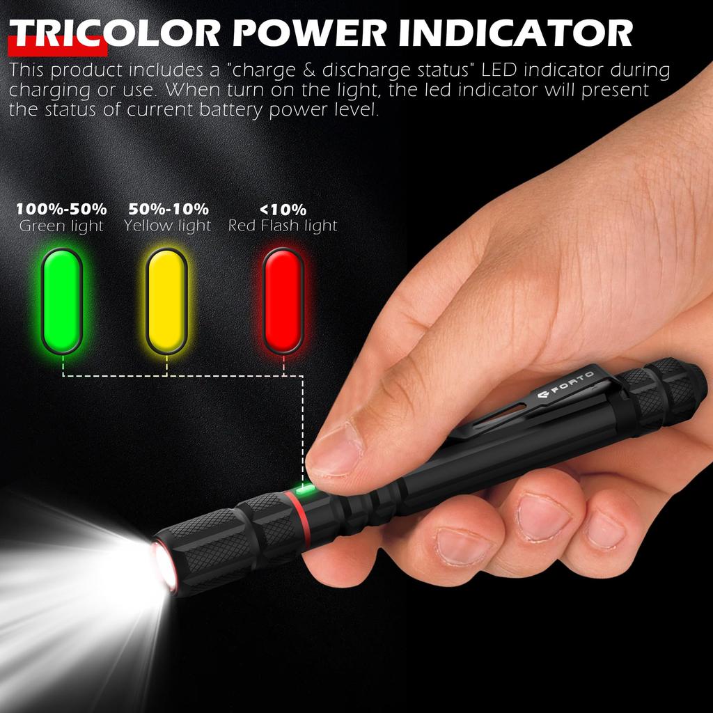 FORTO Rechargeable 400 Ideal for Disaster and Crime High Small and Battery Level Display Penlight, Lumens, Preparedness, Evacuation, Walking,