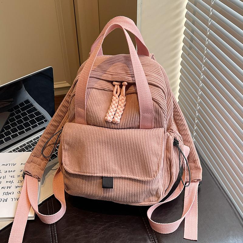 Schoolbag Corduroy Backpack Female Portable College Student School Bag Female Light Niche Versatile Commuter Leisure Travel Backpack Female