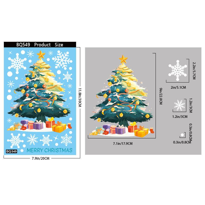 Colorful Christmas Tree Window Stickers with Snowmen And Snowflakes Static Cling Holiday Decals for Decorations