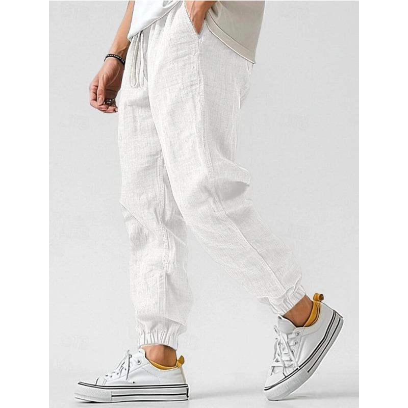 Men White Linen Blend Jogger Pants Drawstring Waist Casual Summer Trousers S белый