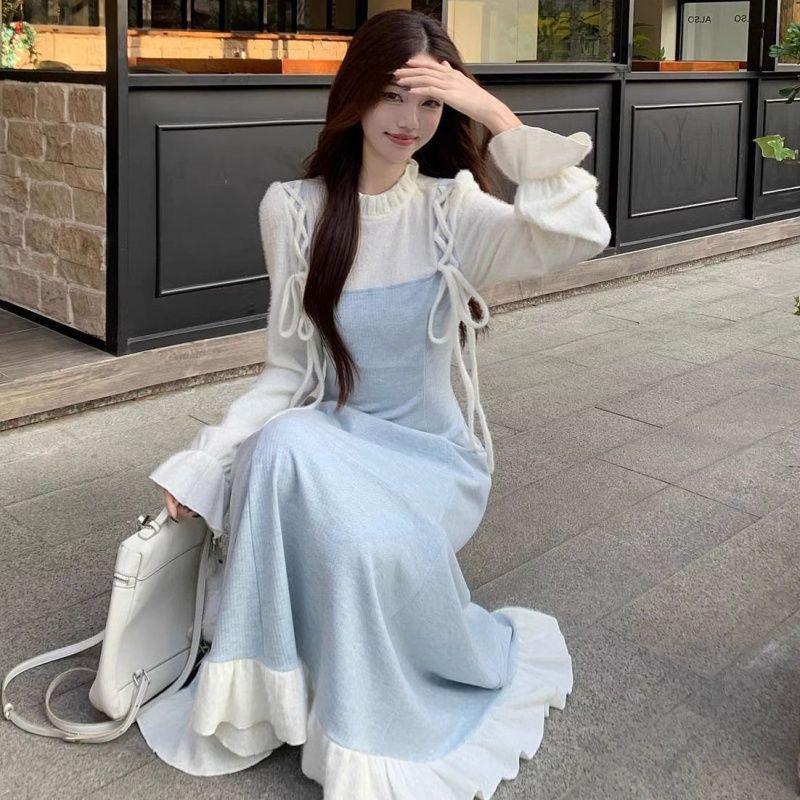 2026 Spring/Autumn Elegant French Style Faux Two-Piece Waist-Cinched Long Dress with Side Split