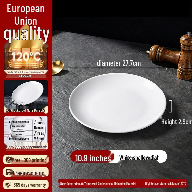 White Melamine Imitation Porcelain Plates: Commercial Round Flat Resin Tableware for Restaurants, Shallow Cold Dish or Rice Bowl Plates.