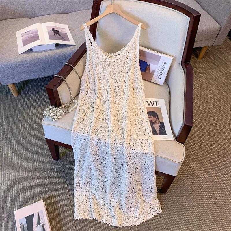 

DIMANAF 2025 Новое Платье Женское Вязание Кружево Без рукавов Ажурный Жилет Круглый Вырез Ажурный Летний Стиль Свободный Базовый One Size бежевый