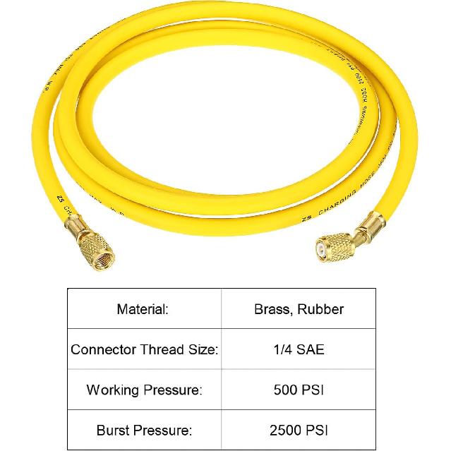PATIKIL 1/4 SAE Wąż do ładowania czynnika chłodniczego, 8 stóp 500 PSI 2500 PSI Wąż z manometrem kolektorowym z adapterami AC do klimatyzacji HVAC Chłodnictwa, Żółty