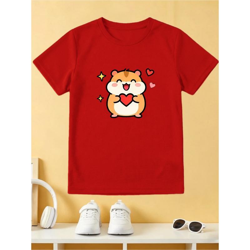 European sizes Boys Cute Hamster with Hearts Graphic T-Shirt, Crew Neck Short Sleeve Tee, Casual Breathable Kids Shirt, Kawaii Cartoon Print