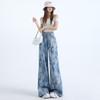 Spring Summer Light Blue Printed Fine Glitter Wide Leg Flare Denim Pants For Ladies Casual Pants Oversize Denim Trousers