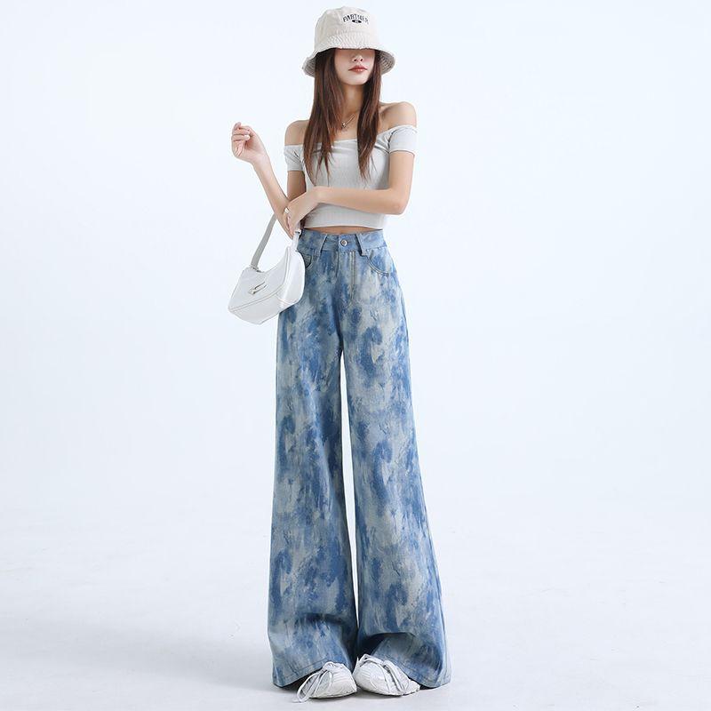 Spring Summer Light Blue Printed Fine Glitter Wide Leg Flare Denim Pants For Ladies Casual Pants Oversize Denim Trousers