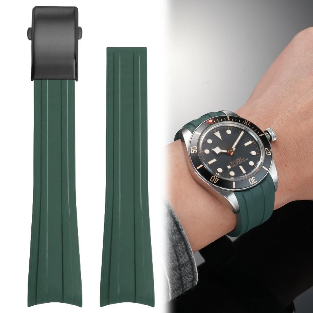 20mm High Quality Curved Fluororubber Strap For Tudor Biwan 39 Dial Black Bay 1958 M79030 Fluororubber Fold Over Clasp Strap