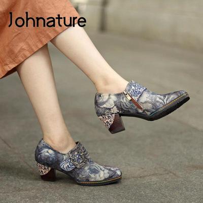 Scarpe da donna con tacco alto, stampa tessuto, retrò, punta rotonda, cerniera, cucito, scarpe da donna concise