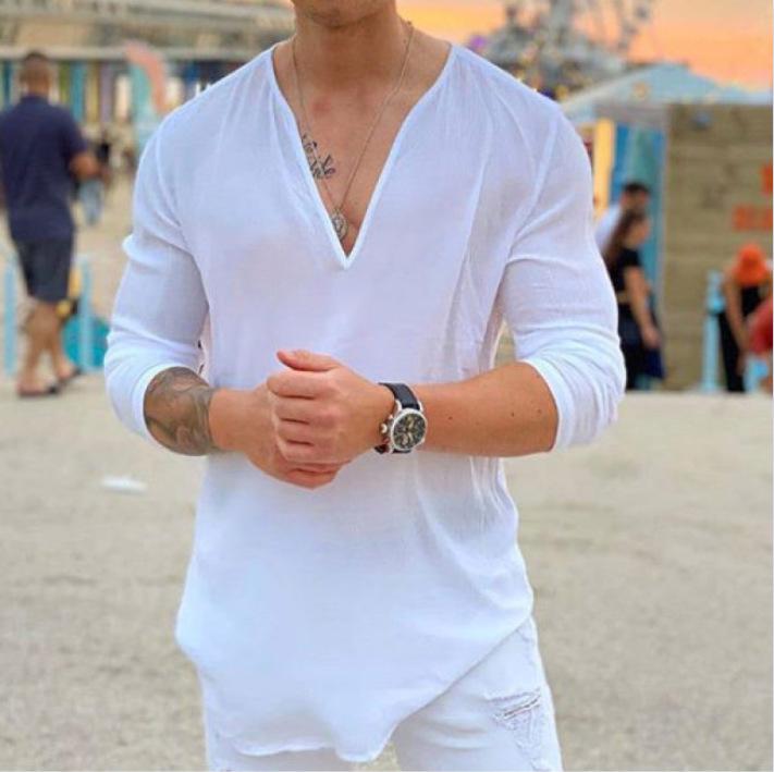 2025 European & American Men's V-neck Casual Solid T-shirt Fashion Trend
