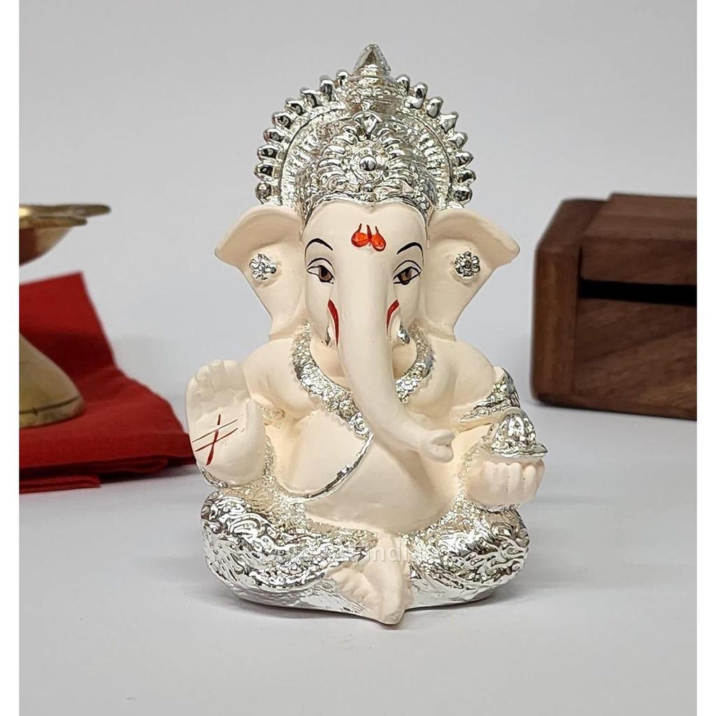 God Ganesha Idol for Home Decor Ganpati for Gift Home Office Table Shelves Gifting 3.5 inches (Silver) (Silver Cherry Blossom), Idol