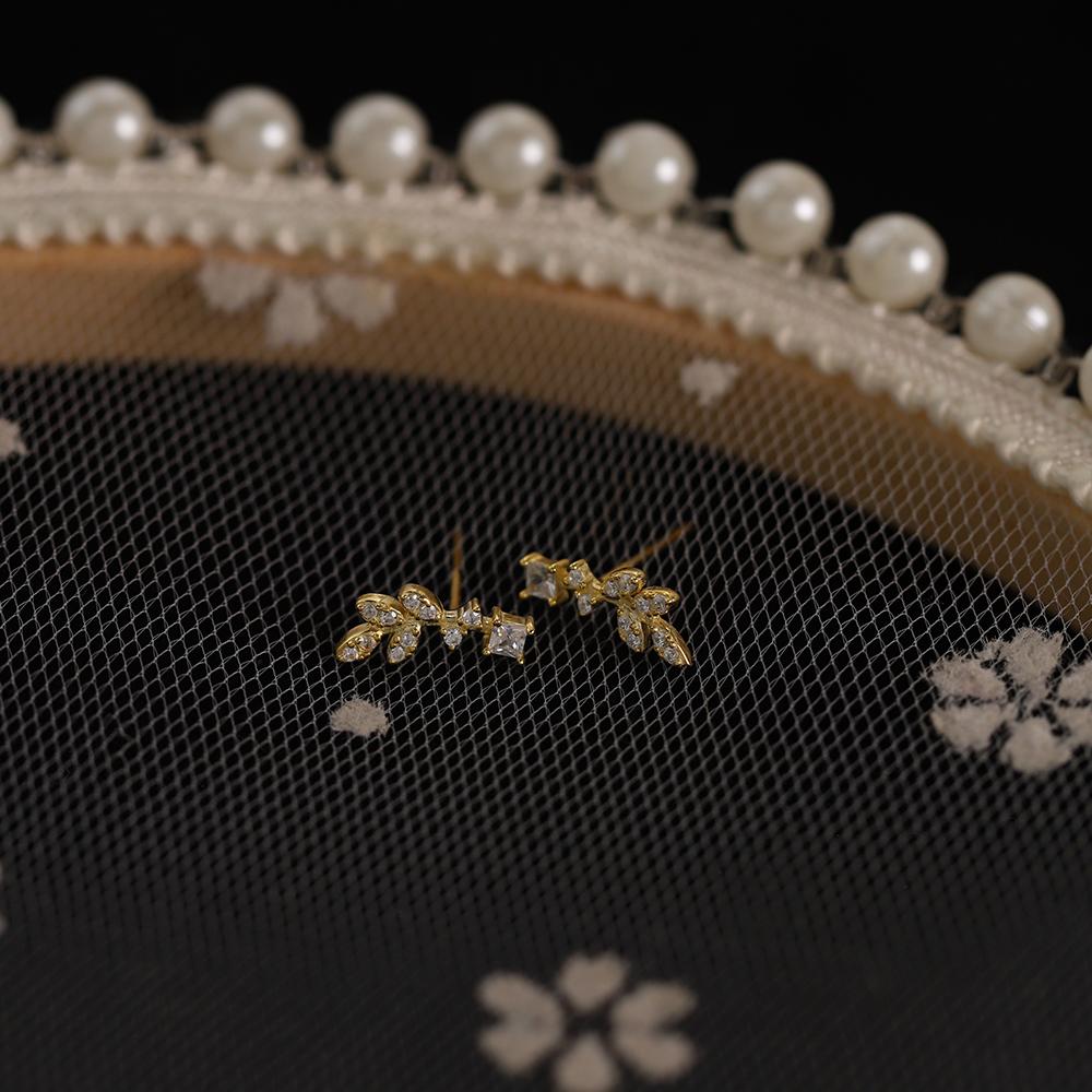 S925 Sterling Silver 14K Gold Plated Zircon Leaves Stud Earrings Korean Flower Plant Earrings