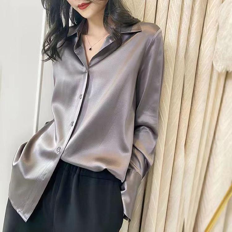 Women's Long Sleeve Satin Shirt - 2025 Retro Drapey Top, Versatile Hong Kong Style for Spring & Autumn