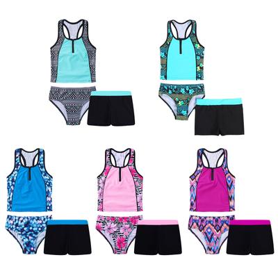 Conjunto de Tankini de 3 Piezas para Niñas Estampado Floral Sin Mangas Camiseta Racerback Top de Bikini Pantalón Corto de Baño