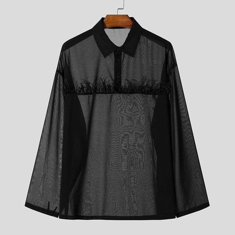 

INCERUN Мужские сетчатые рубашки с длинным рукавом, прозрачные топы с кисточками в стиле пэчворк M чёрный