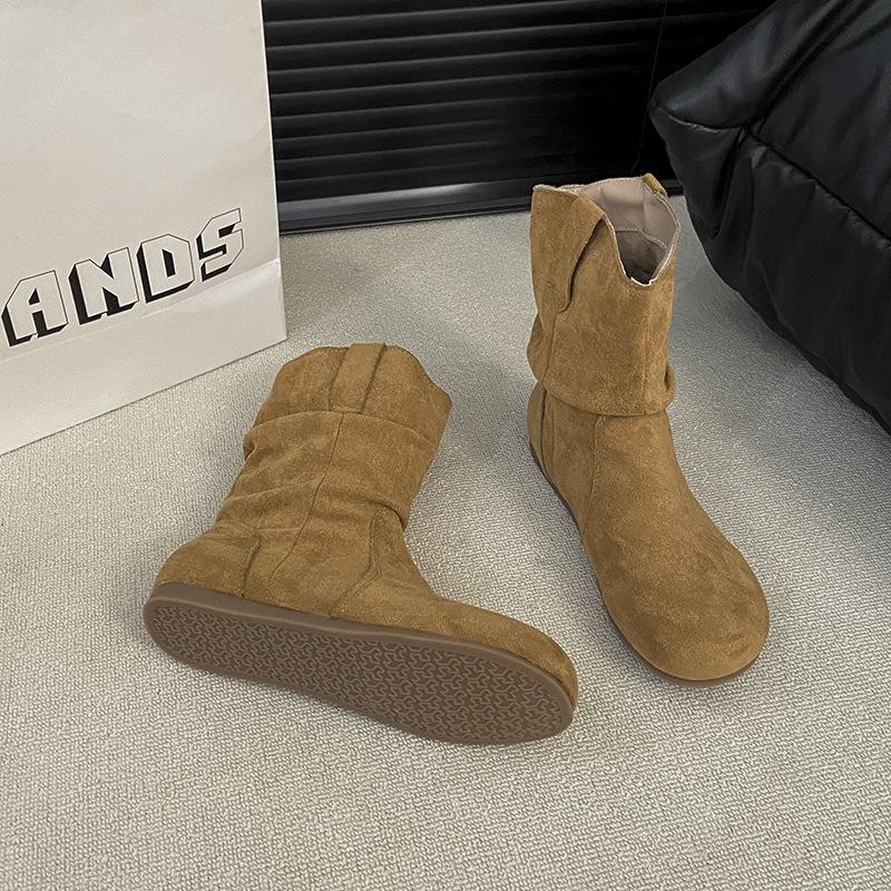 Frosted version~ Retro flat-bottomed short boots women's western boots autumn and winter sleeve round head stacking boots slim short women's boots