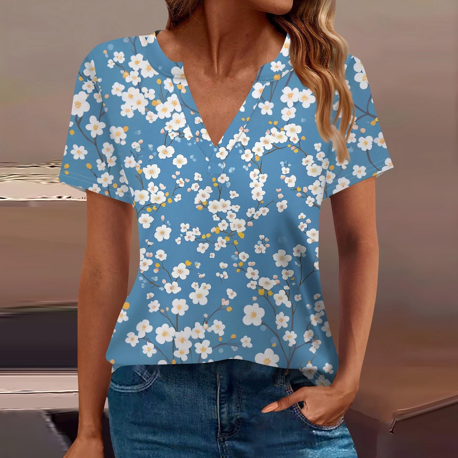 

Женская футболка Футболка с принтом с коротким рукавом Повседневные выходные Мода Базовый топ с V-образным вырезом Обычный топ XL