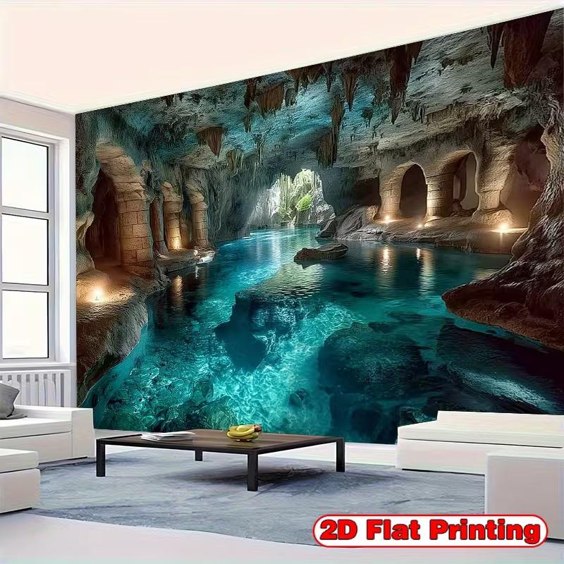 2D Crystal Clear Cave Water Tapestry Ancient Ruins & Stalactites Background Cloth 47.2x31.5inch/120*80cm