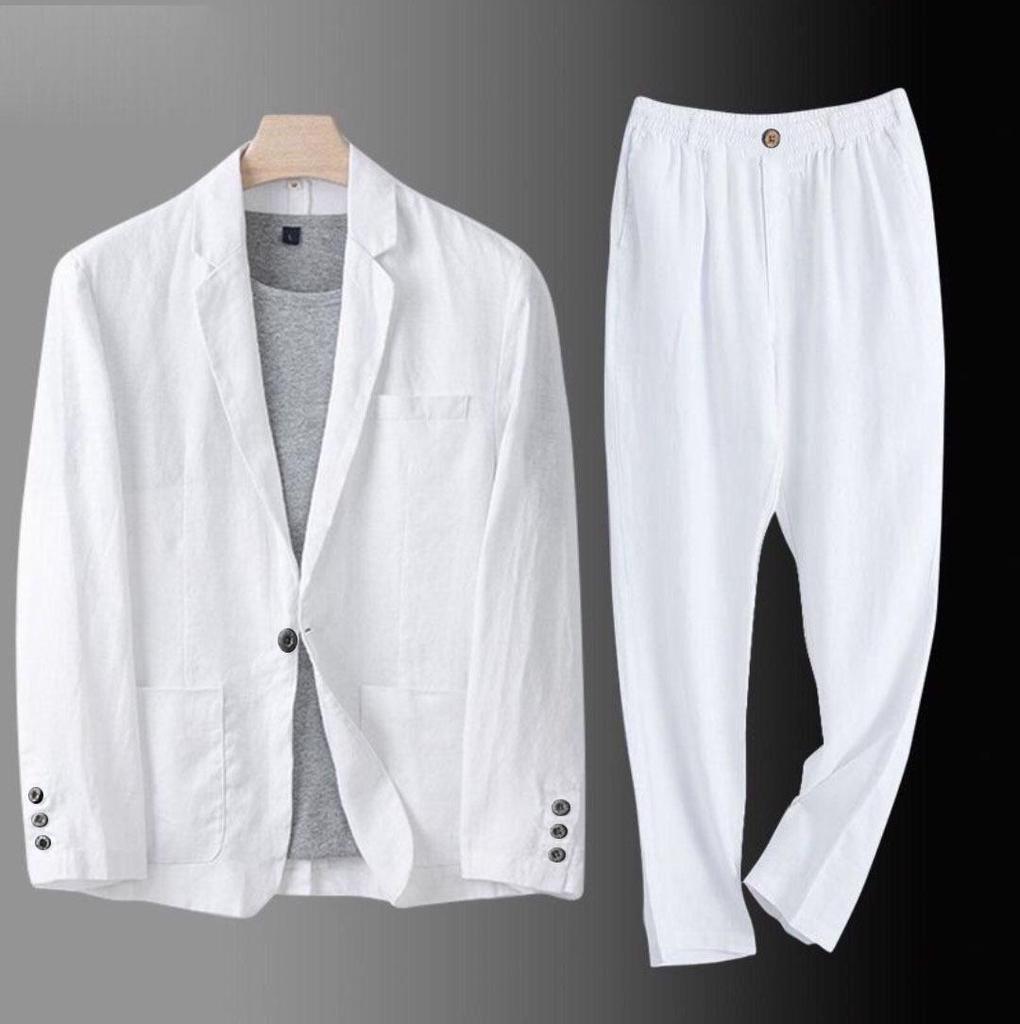 Herren Slim Fit Koreanischer Stil Leinen Sommer Anzug - Lässiges Zweiteiliges Set mit Lockerer Jacke und Sonnenschutz