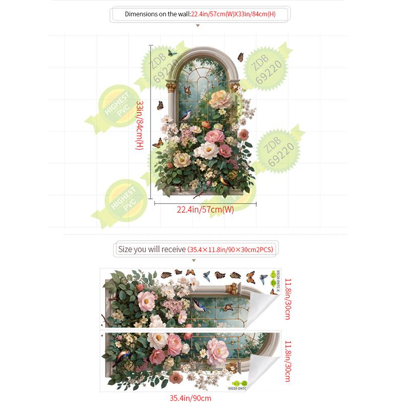 

3D Arched Window Floral Wall Sticker Butterfly Bird Self-Adhesive Mural Removable Peel for Bedroom Living Room Wall Decor зелёный