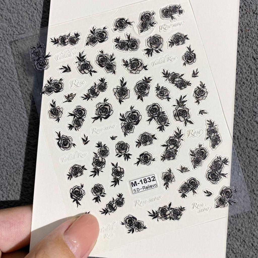 Embossed Black & White Rose Nail Art Stickers - Retro Gradient Floral Design