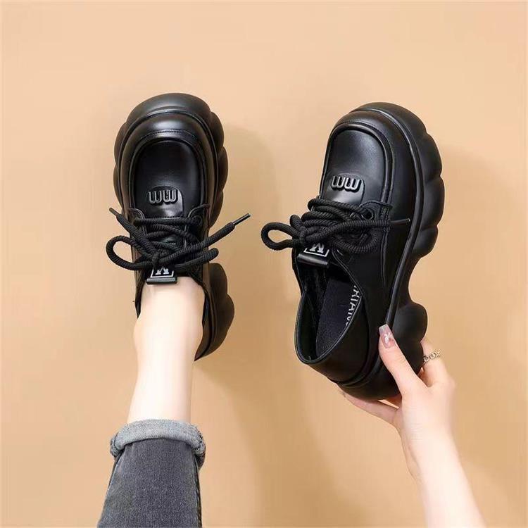 

2025 spring new soft leather round head loafers women s single shoes lace-up heightening British thick-soled muffin-soled small leather shoes 40