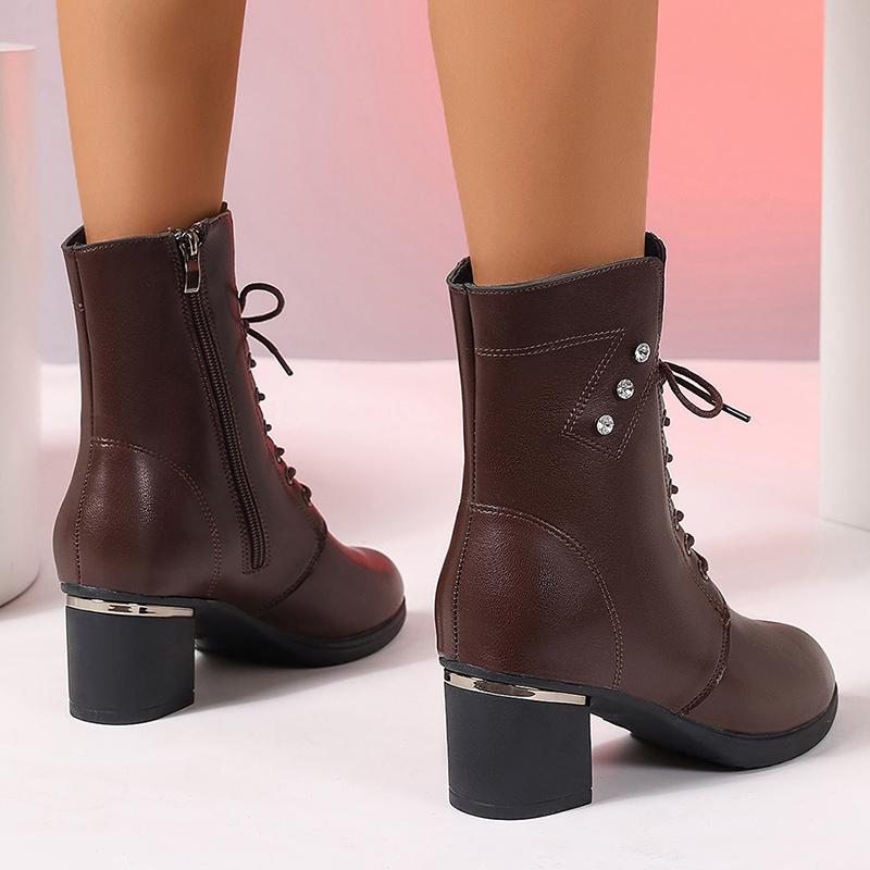Lucyever Podzimní šněrovací kotníkové boty na silném podpatku pro ženy, nadměrná velikost, zip, PU kůže, dámské retro boty na vysokém podpatku, krátké kotníkové boty Mujer
