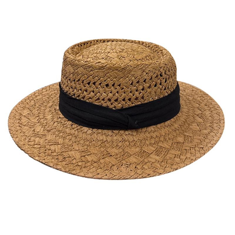 Chapeau de paille à calotte plate ajouré style français vintage pour femme, chapeau de protection solaire, chapeau ajouré tissé pour voyage, plage, vacances