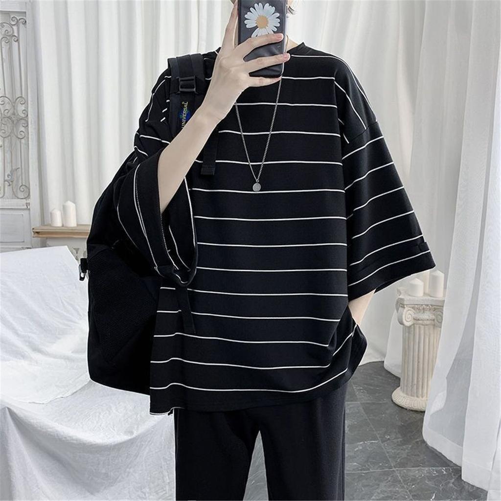 Summer Oversized T-Shirt Men Funny Harajuku T-shirt Streetwear Femme Striped Hip Hop Loose Half Sleeve T-Shirts Male