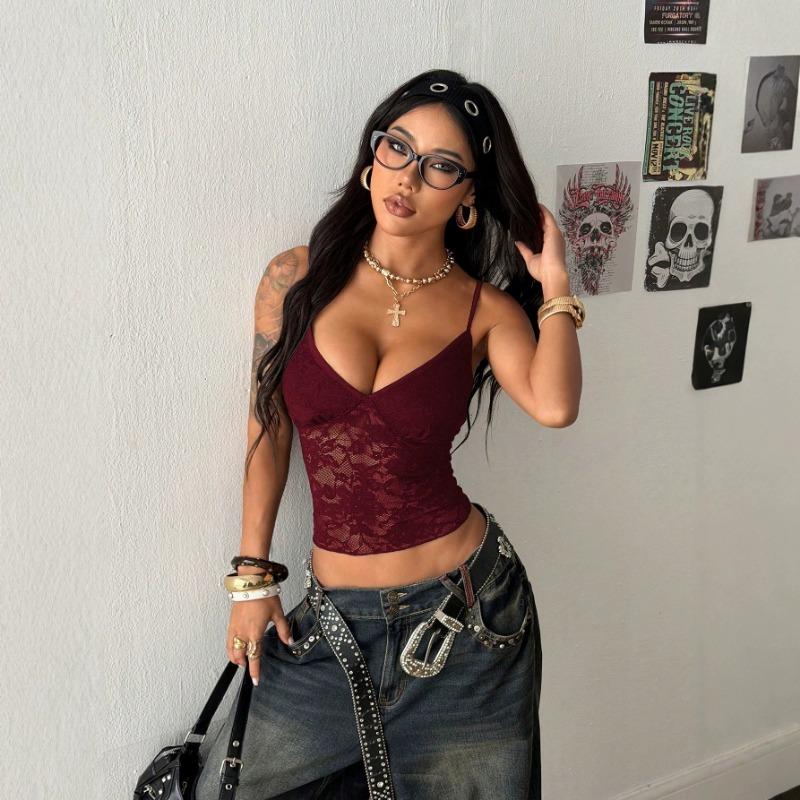 V Neck Lace Trim Slim Fit Sexy See Through Camisole Top