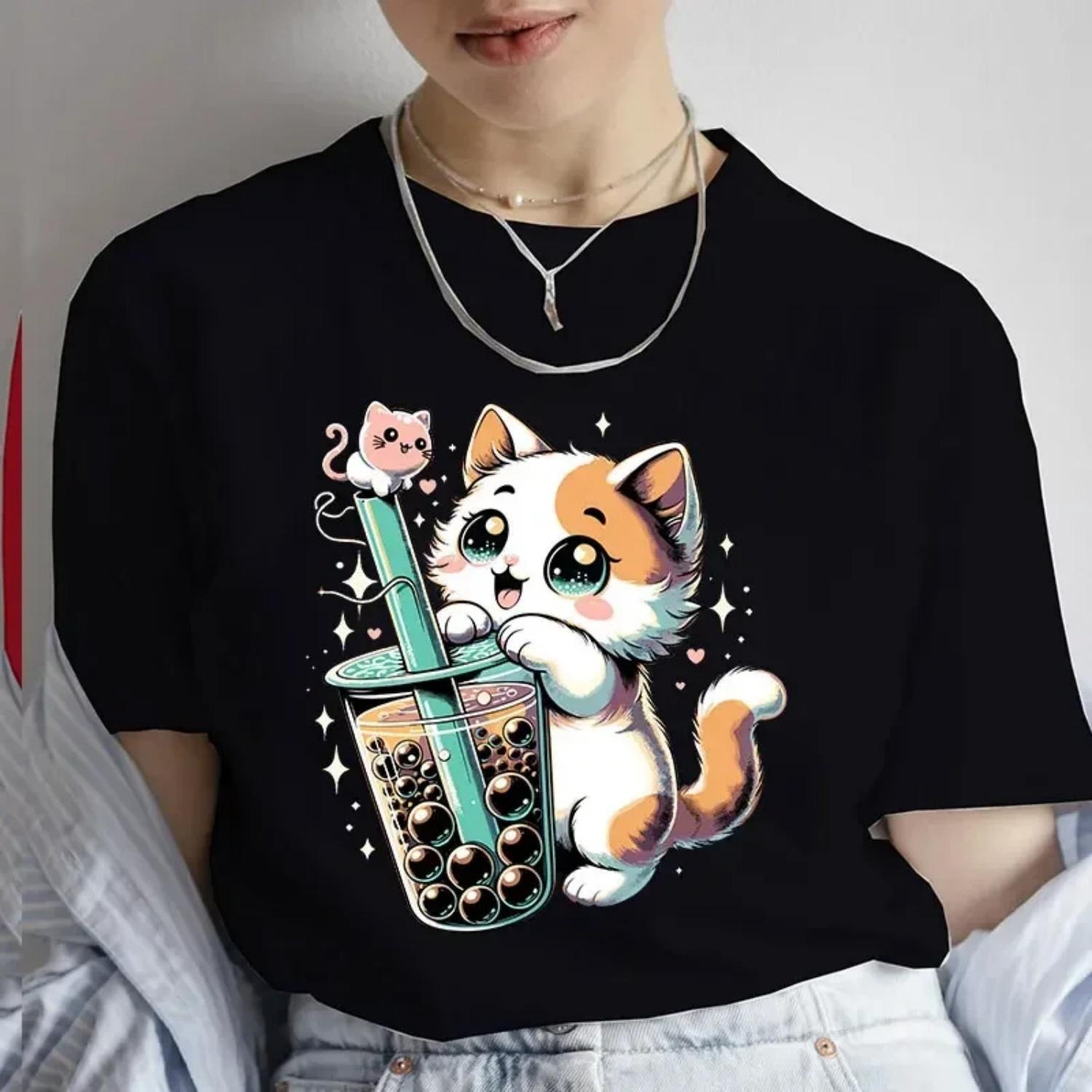 

Women s T-shirt Casual Kawaii Boba Milk Tea Print Tshirt Bubble Tea Cartoon Women s Tee Clothing Cute Cat Anime Tee Shirts Tops S чёрный