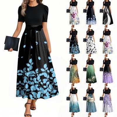 Women's Fashion Casual Belt Short Sleeve Round Neck Vintage Floral Splicing Elegant Temperament Dresses