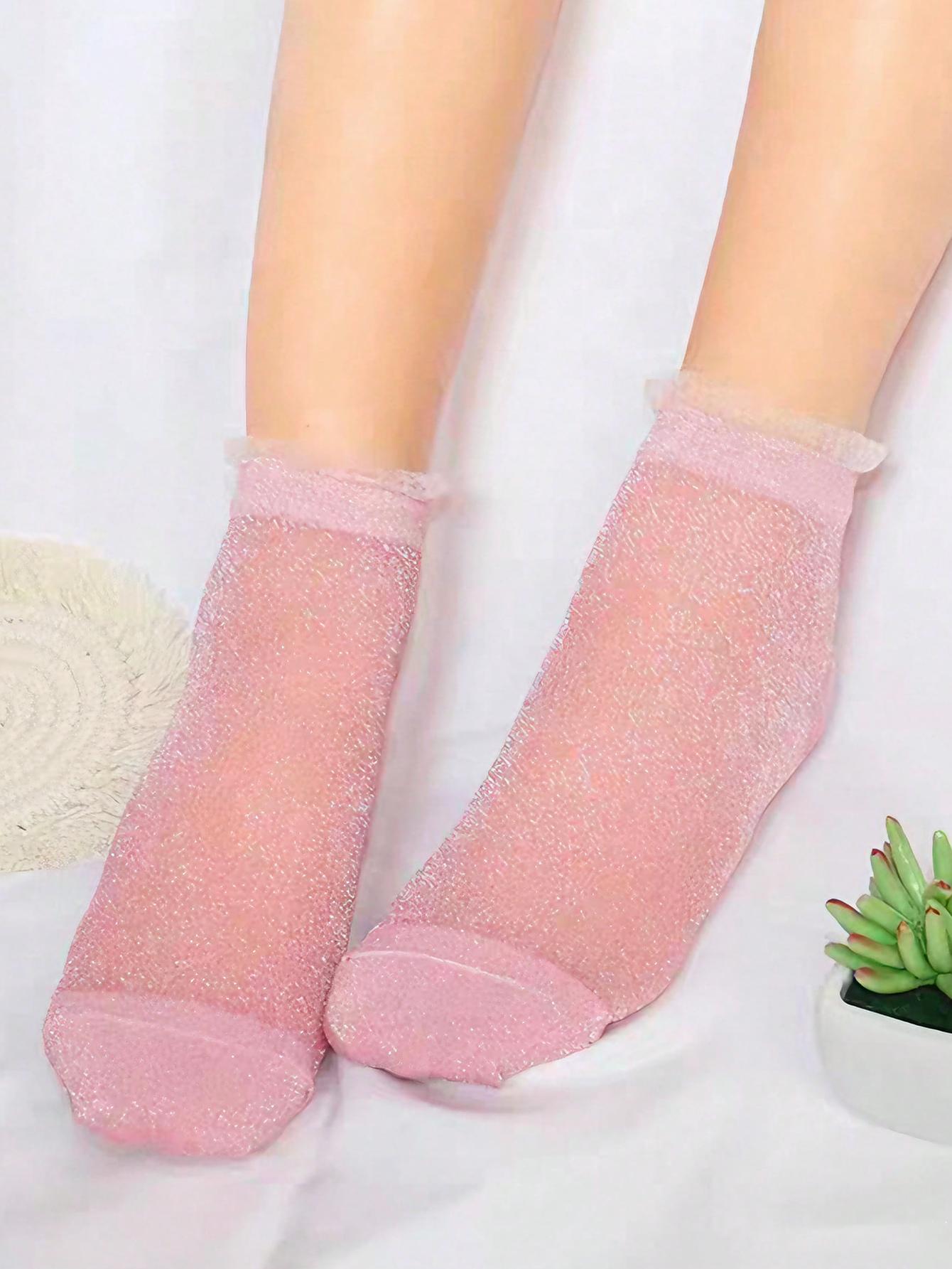 

1/2/3 Pairs Women S Pink Mesh Glitter Ankle Socks | Lace Ruffle Trim | Kawaii Sweet Girly | Everyday Essential For Daily Wear 35-39