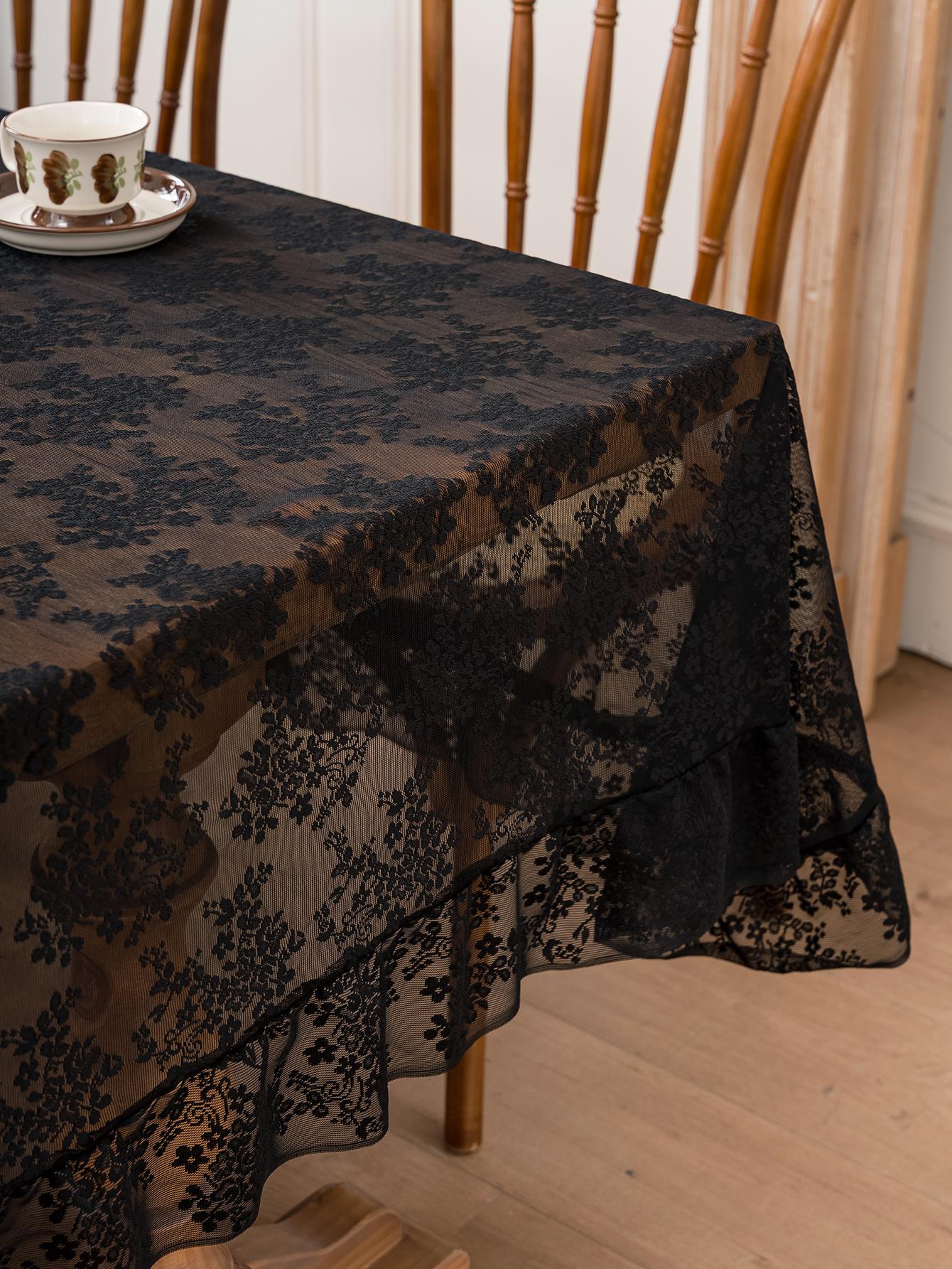 Retro Zwart Kant Tafelkleed, Semi-Transparante Bloemen Borduurwerk Tafelhoes, Gotische Boho Esthetiek voor Eetkamer, Bruiloft, Halloween 140x230cm