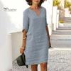 Casual Dress Summer Lady V Neck Three Quarter Sleeves Loose Solid Color Knee Length Simple Style Daily Wear Commute Midi Fit
