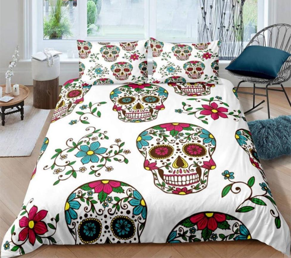 

Sugar Skul Soft Duvet Cover Quen Sized Dimensions Premium Gothic Skul Beding Set Halowen Theme Floral Comfortable Quilt Cover 3pcs for Young Girls 100*200cm Single