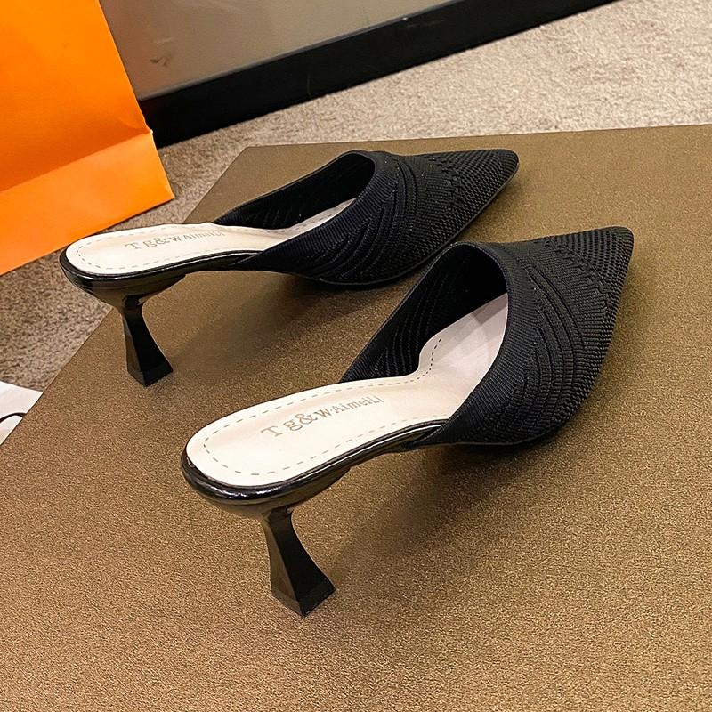 Fashion New Summer Soft Roman Rubber Fabric Slippers Casual Stretch Fabric Baotou Women's Slippers Women's Low Luxurious Pointed Toe