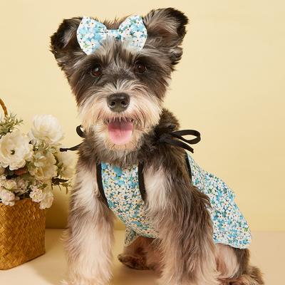 Süßes Hundekleid-Set, Blaues Blumenmuster & Schleifen-Haarschmuck, Rüschenrock, Süße Haustierkleidung für den täglichen Gebrauch, Entzückendes Kostüm