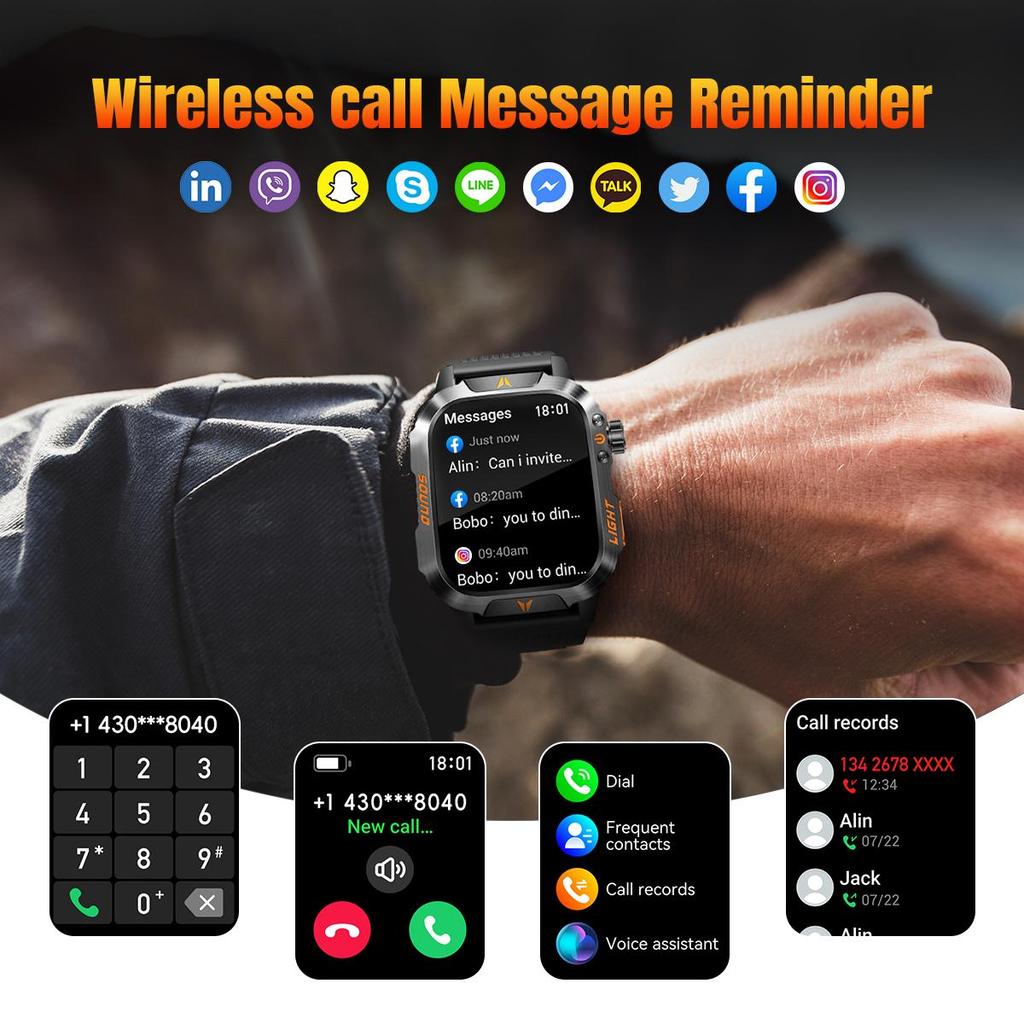 Smartwatch QTLLBT połączenie Bluetooth Latarka IP68 wodoodporny, zegarek wojskowy 100+ trybów sportowych Wykrywanie snu, tętna, tlenu we krwi