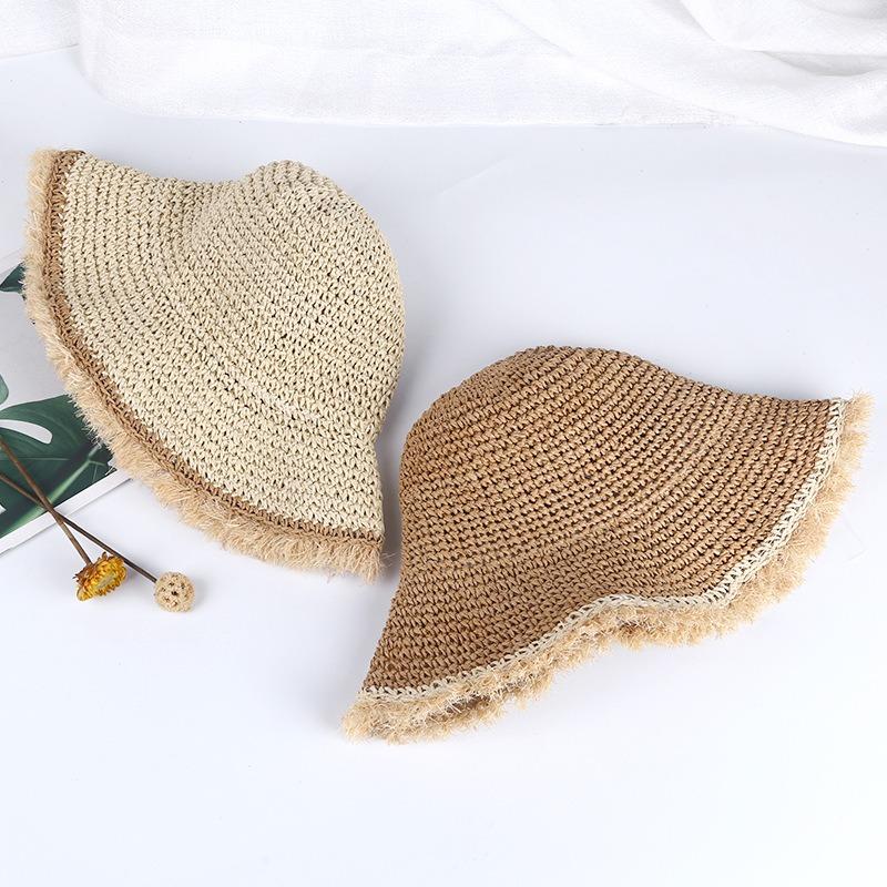 2026 New Women Handmade Fringed Straw Hat Summer Versatile Solid Foldable Outing Beach Side Hat Sun Protection Hats for Ladies