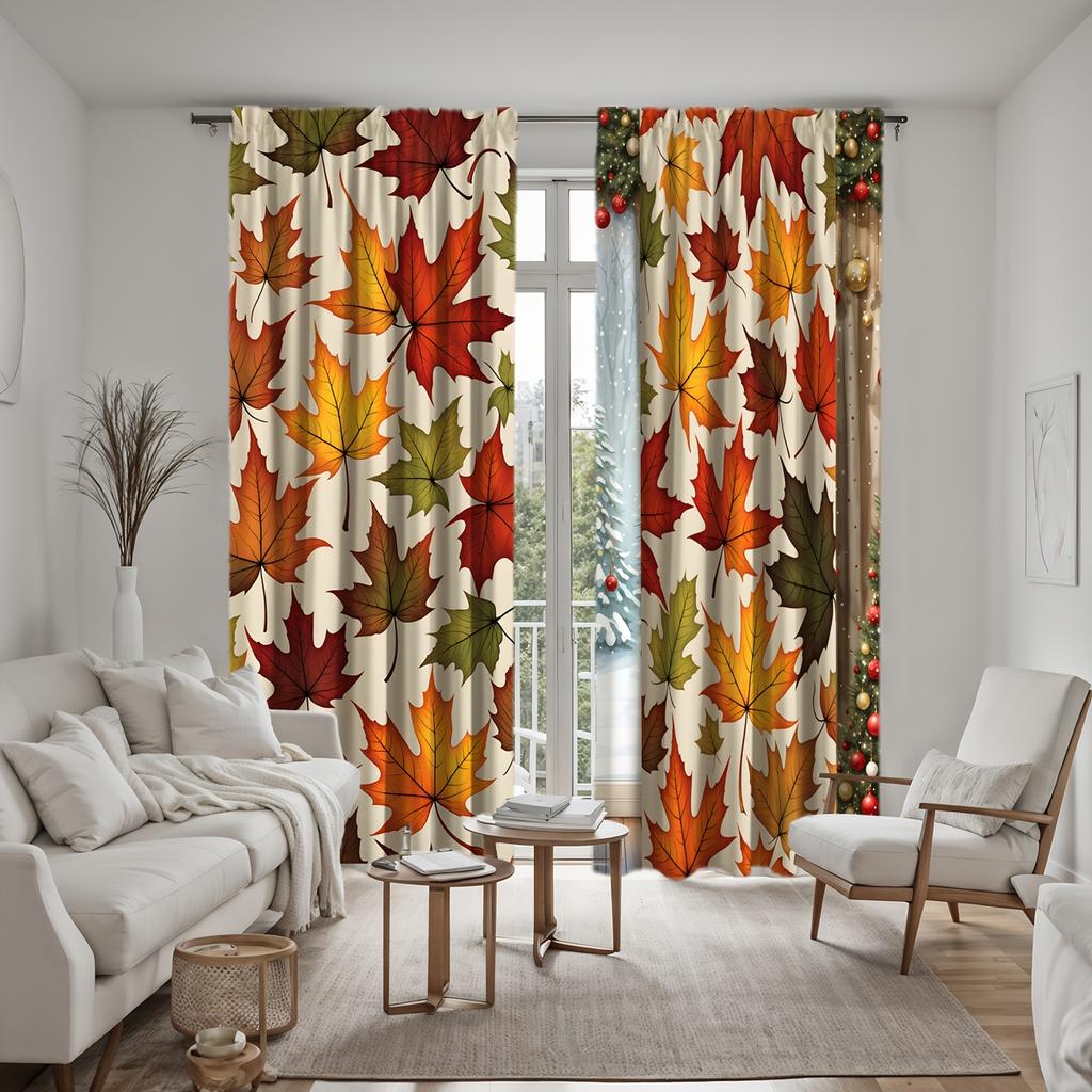 2 Pieces of HD Autumn Maple Leaf Leaf Decoration Curtain Yellow Tie Digital Printed Curtain Home Decoration Style Decoration Liv