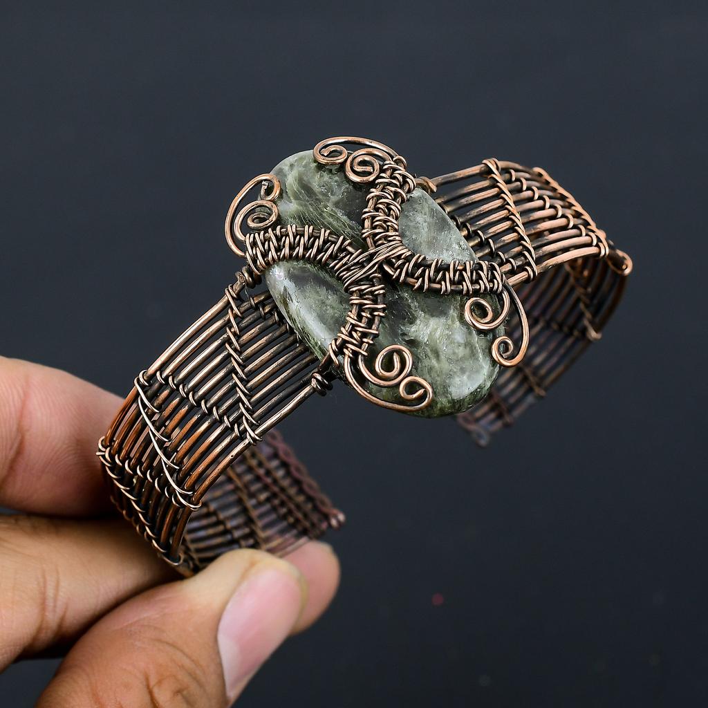 Natural Serphanite Gemstone Handmade Copper Wire Wrap Bangle Adjustable t0j49