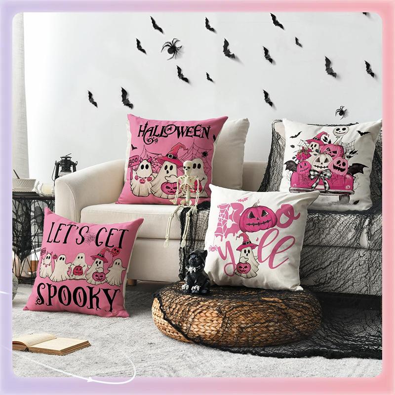 1pc Pink Halloween Cushion Cover Cute Ghost Pumpkin Printed Washable Cover Halloween Themed Party Living Room Bedroom Decoration