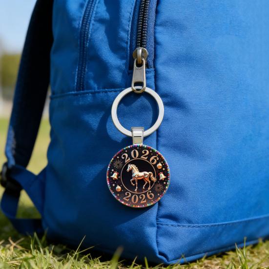 2026 Klíčenka se vzorem koně 2D plochý kulatý kovový přívěsek na klíče od auta, ozdoba na tašku, lesklý dárek