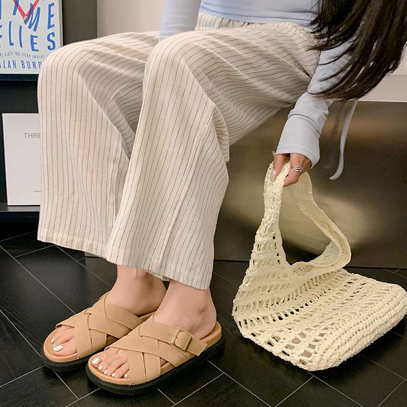 Krazing Pot Cow Suede Nubuck Summer Size 40 Outside Slippers Flat Platform Flip Flops Low Heels Women Peep Toe Sandals