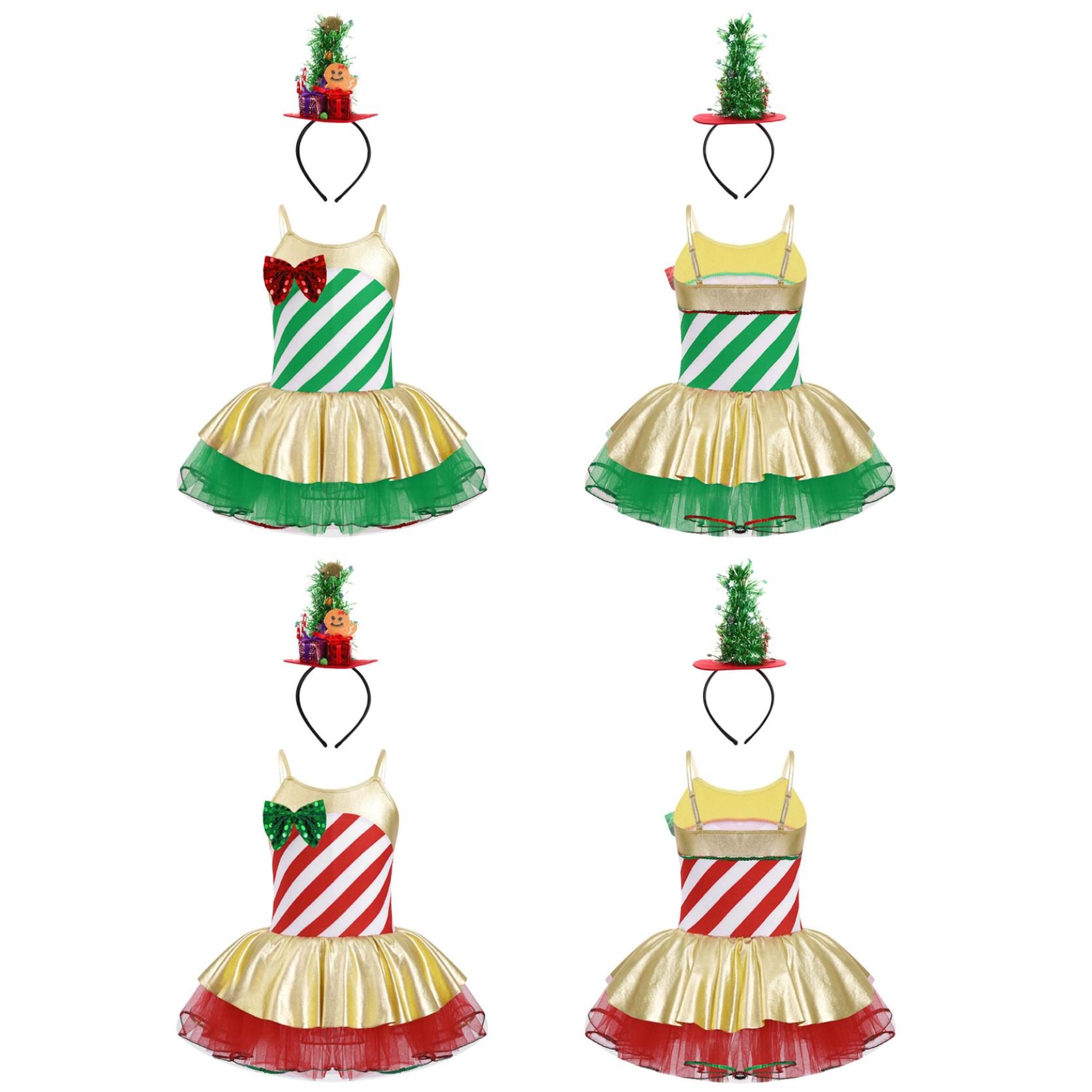 

Детское сетчатое трико-пачка с регулируемыми бретелями и принтом в полоску и блестками для девочек, с повязкой на голову для рождественской вечеринки, выступления на сцене