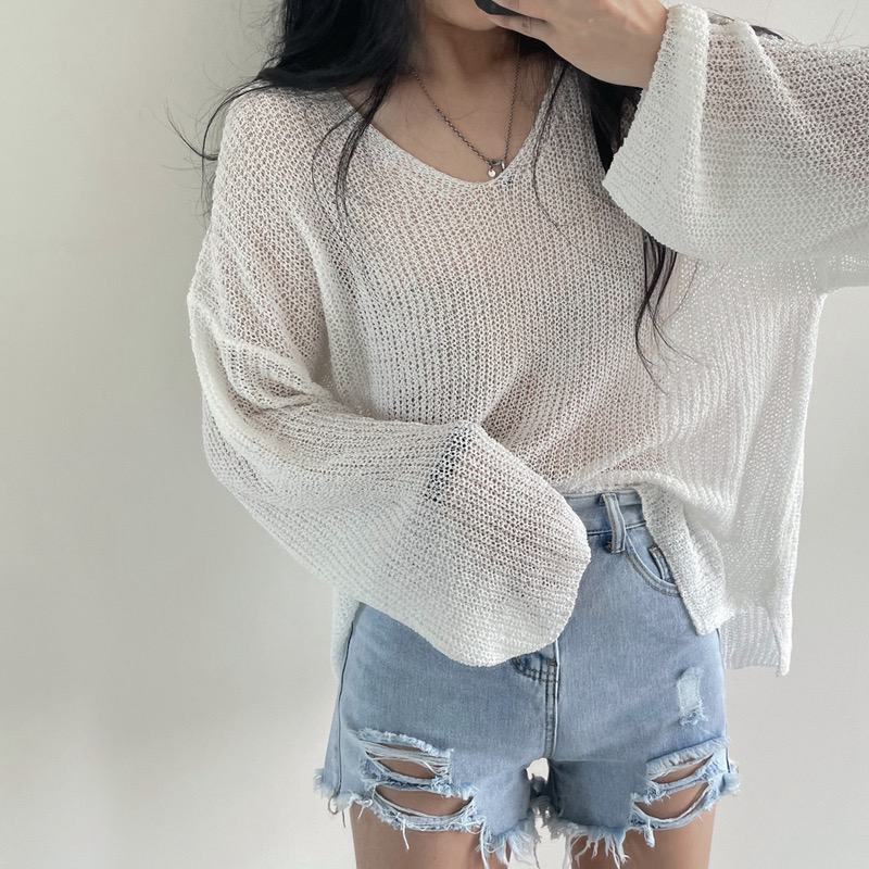 Summer Ice Silk Thin V-neck Sunscreen Sweater Coat Long Sleeve Knitted Hoodie Top T-shirt Air Conditioning Clothes